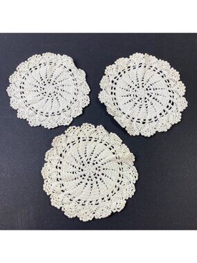 Set Of 3 Vintage Handmade Crochet Beige Round Doilies with Scalloped Edges